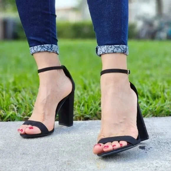 New Black Suede Ankle Strap Block Heel 4”- Classic Dress Sandals - Picture 4 of 6
